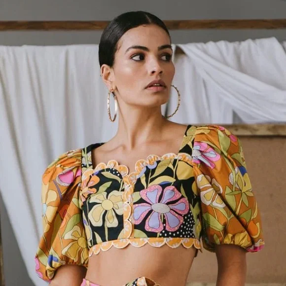 CeliaB Galan Floral Print Puff Sleeve Crop Top Size XS - Picture 7 of 8